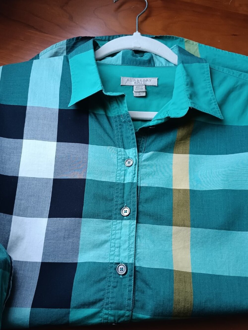 Burberry Brit Green Black Yellow Plaid Halfway Button Down Shirt Size Small